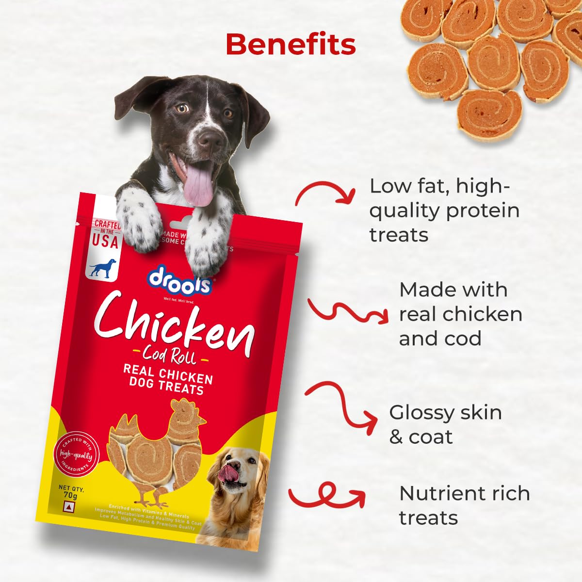 Drools Adult & Puppy Dog Cod Roll Treats 70g | Real Chicken Flavour | Rich in Protein | No Artificial Preservatives | Best for Training & Bonding | All Breed