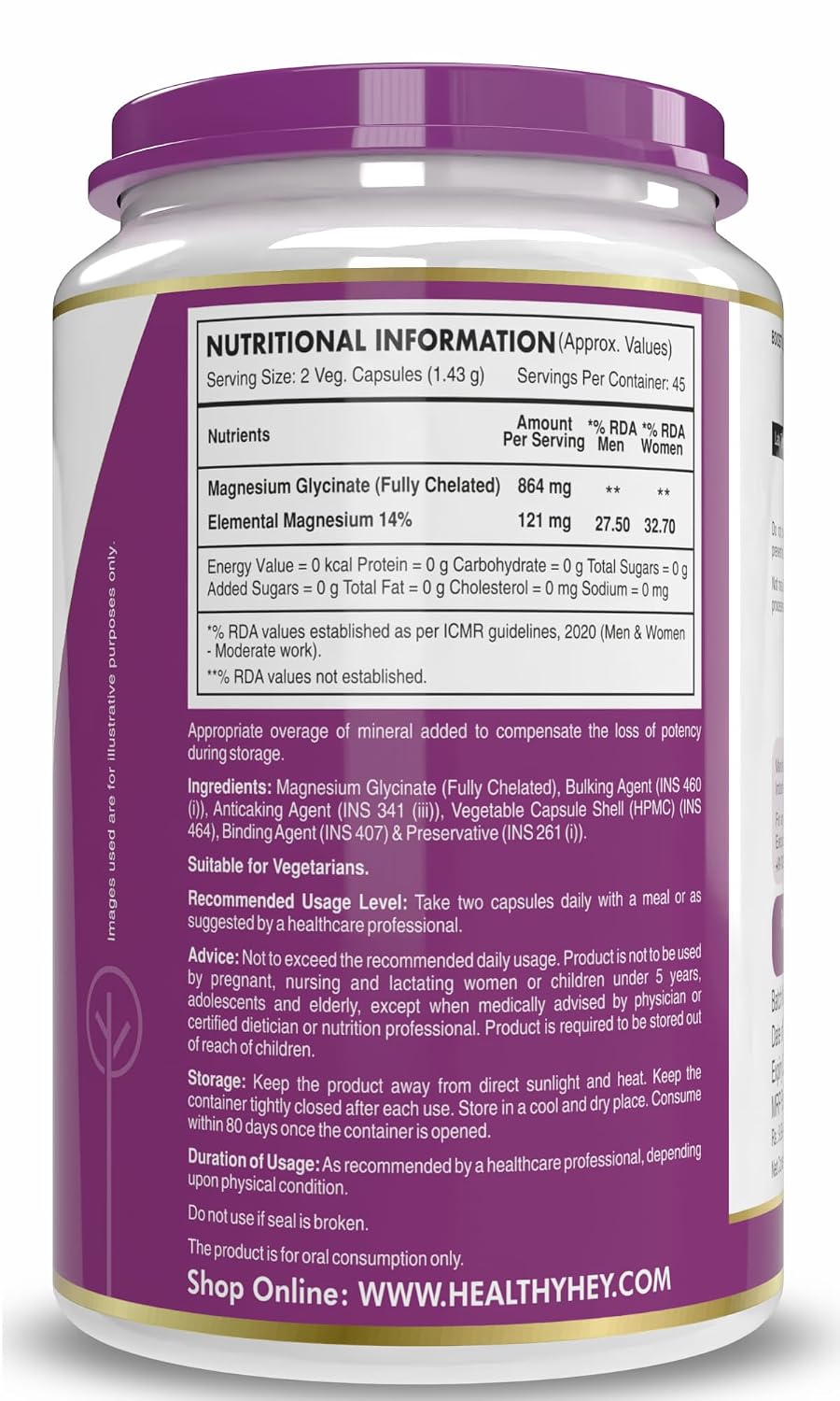 HealthyHey Nutrition Magnesium Glycinate 14% Fully Chelated Supplement High Absorption for Sleep, Cramps, & Nerves Health - 90 Vegetable Capsules