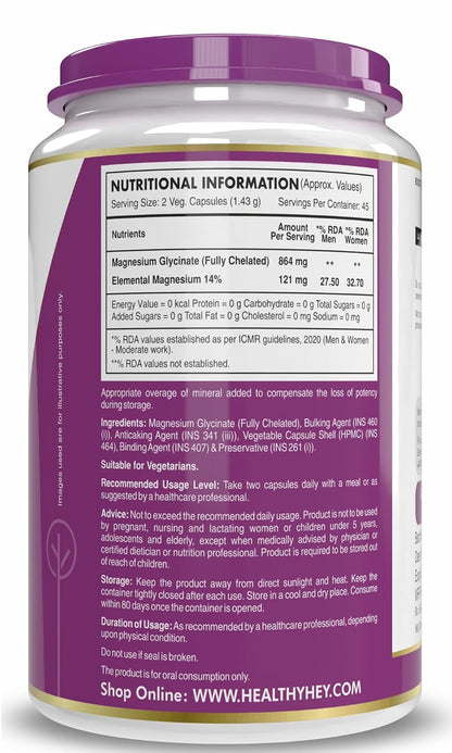 HealthyHey Nutrition Magnesium Glycinate 14% Fully Chelated Supplement High Absorption for Sleep, Cramps, & Nerves Health - 90 Vegetable Capsules