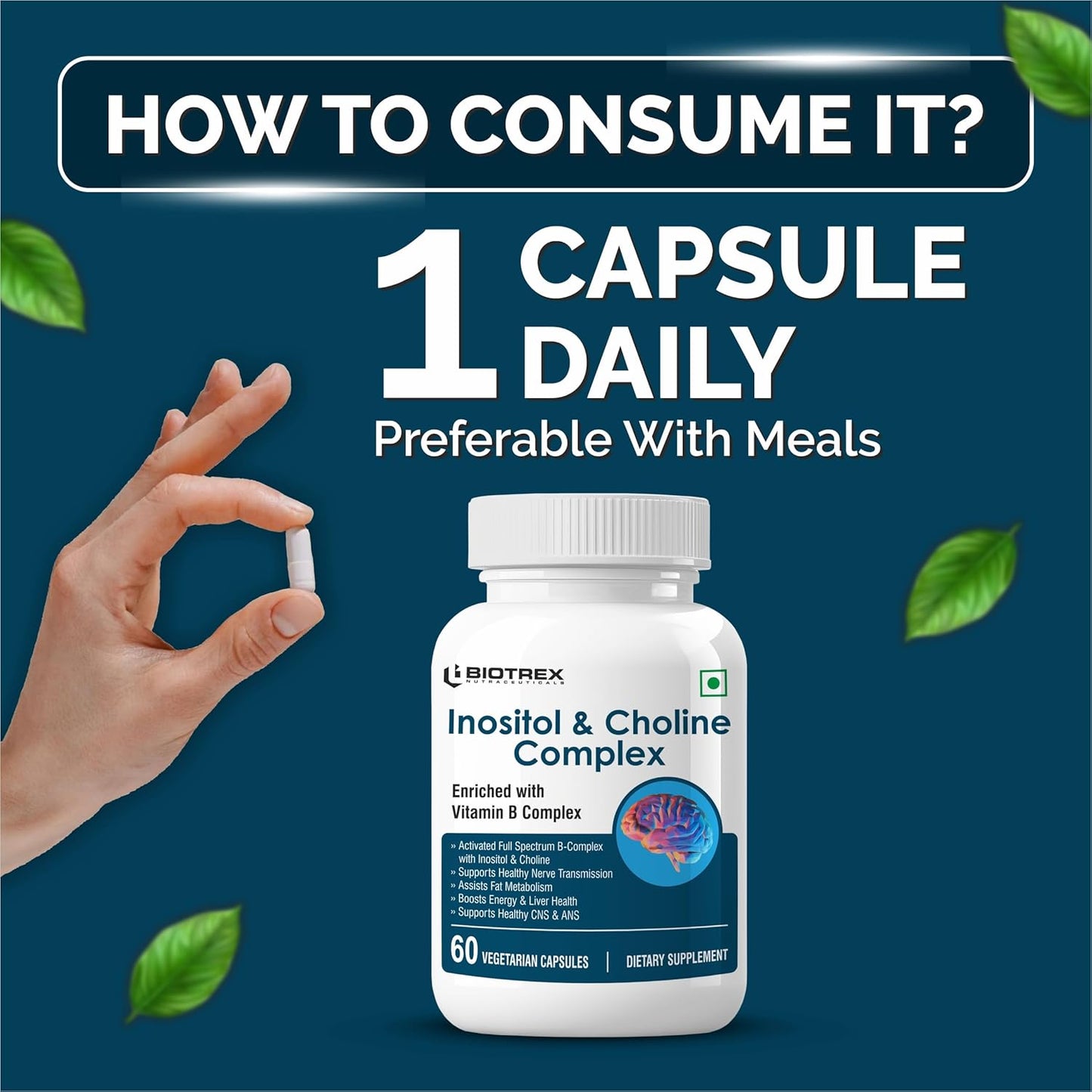 Biotrex Nutraceuticals Inositol and Choline With Vitamin B Complex (B1, B2, B3, B5, B6, B7, B9 & B12) | High Purity Nutrients | Brain & Nerve Function | Better Motor Signal | Lab Tested | 60 Veg Capsules