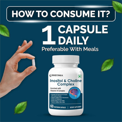 Biotrex Nutraceuticals Inositol and Choline With Vitamin B Complex (B1, B2, B3, B5, B6, B7, B9 & B12) | High Purity Nutrients | Brain & Nerve Function | Better Motor Signal | Lab Tested | 60 Veg Capsules