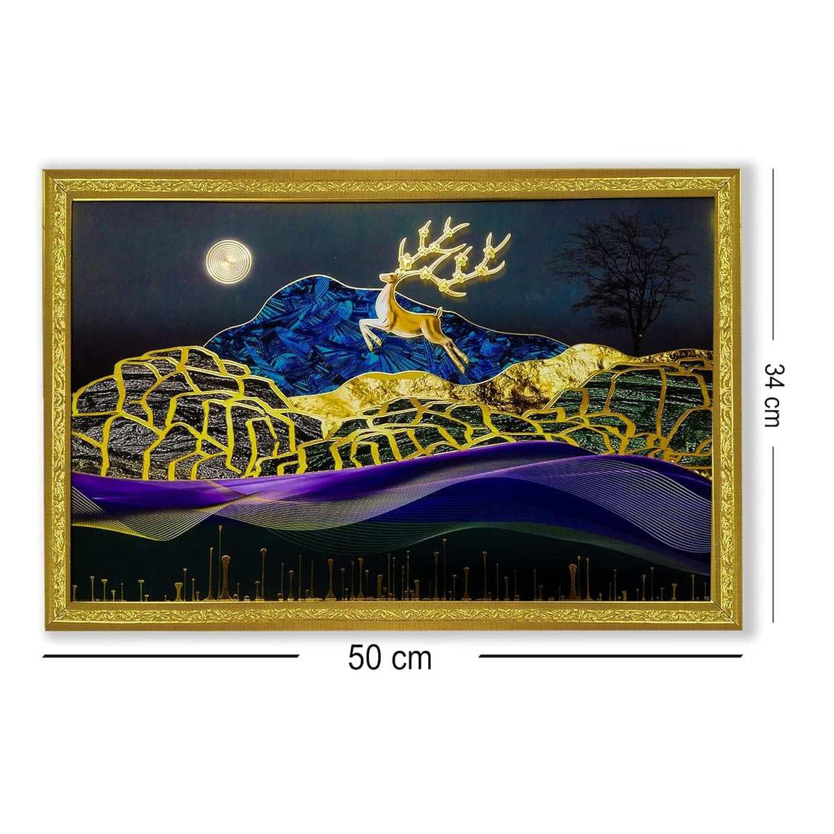 3D Golen Foil Modern Art Landscape with Joyful Lucky Reindeer | Framed Painting | Ready to Hang - (Multicolor, 14 Inch x 20 Inch)