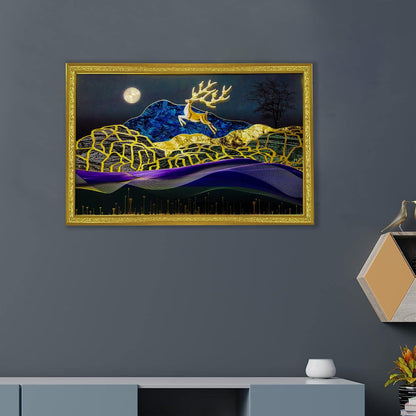 3D Golen Foil Modern Art Landscape with Joyful Lucky Reindeer | Framed Painting | Ready to Hang - (Multicolor, 14 Inch x 20 Inch)
