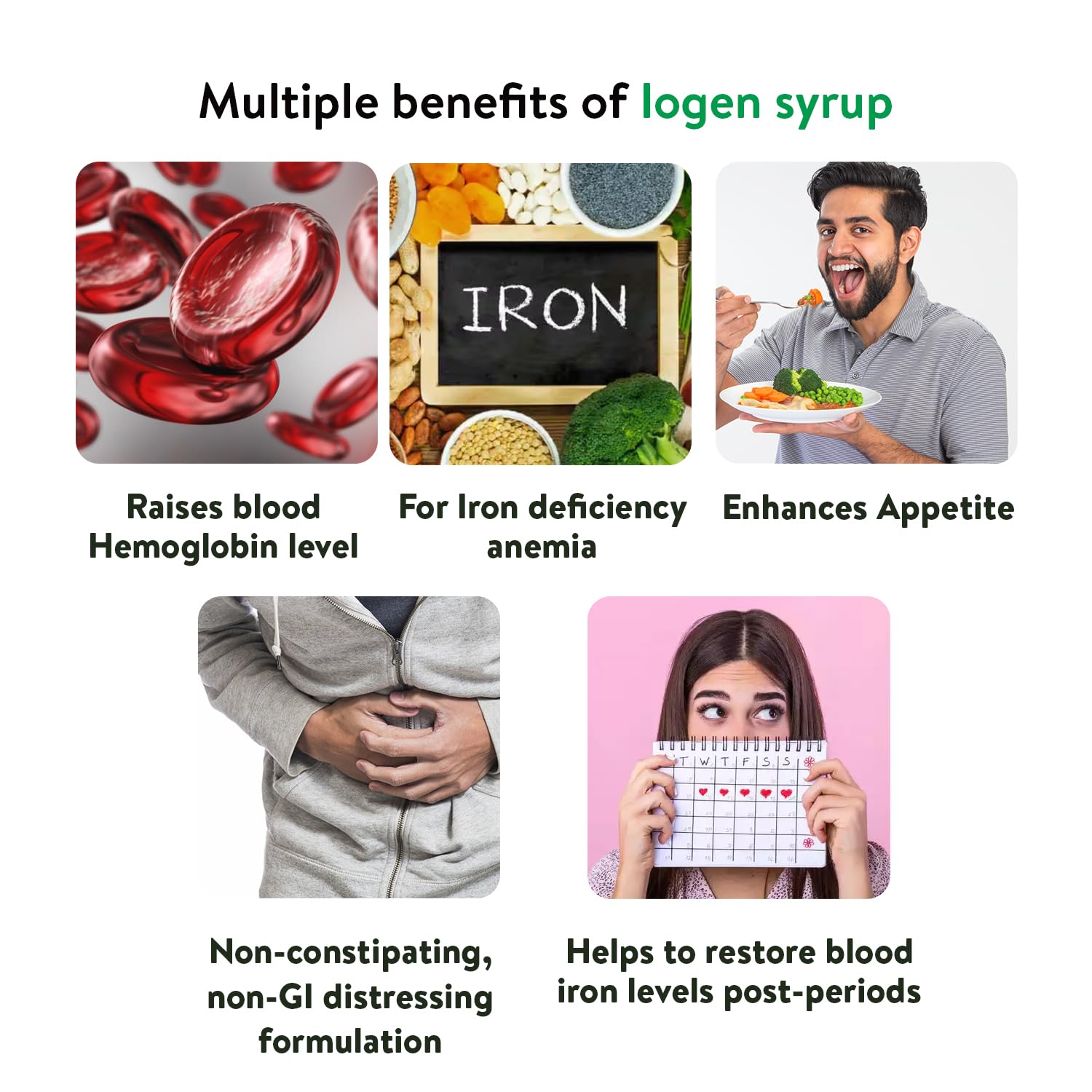 Promotional graphic detailing the benefits of logen syrup, including iron content, blood health, and appetite enhancement.