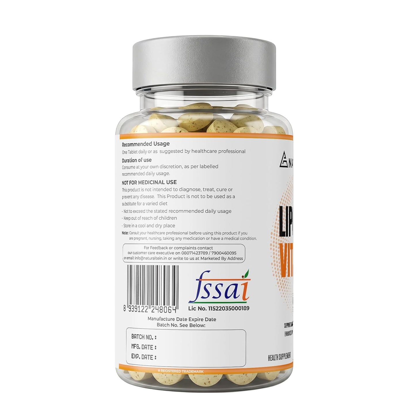 Bottle of supplements with a label on a white background