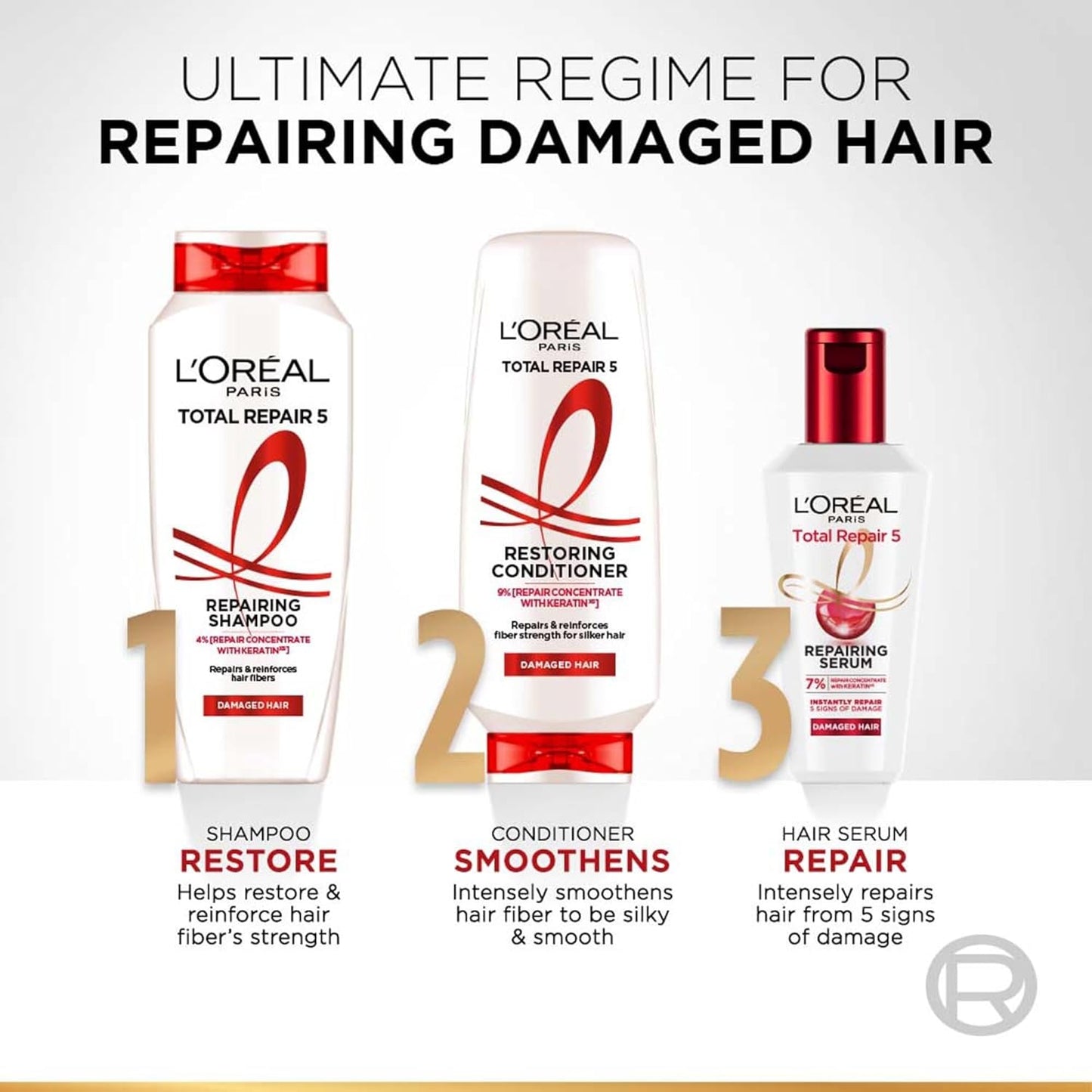 L'Oreal Paris Total Repair 5 Conditioner For Damaged Hair | Powered by Keratin XS Technology| Fights 5 Signs of Hair Damage- Frizz, Breakage, Dryness, Stiff Hair, and Split ends | 340 ml