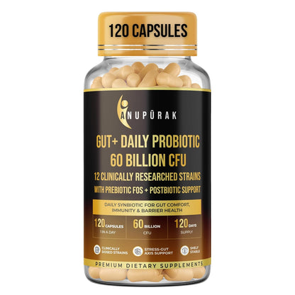 ANUPURAK Gut Health Probiotic 60 Billion CFU — 12 Strains Synbiotic | Postbiotic + FOS & GOS Prebiotics | Supports Digestion, Gut Flora & Immunity | Daily Gut Balance Supplement | 120 Capsules (120 Days)