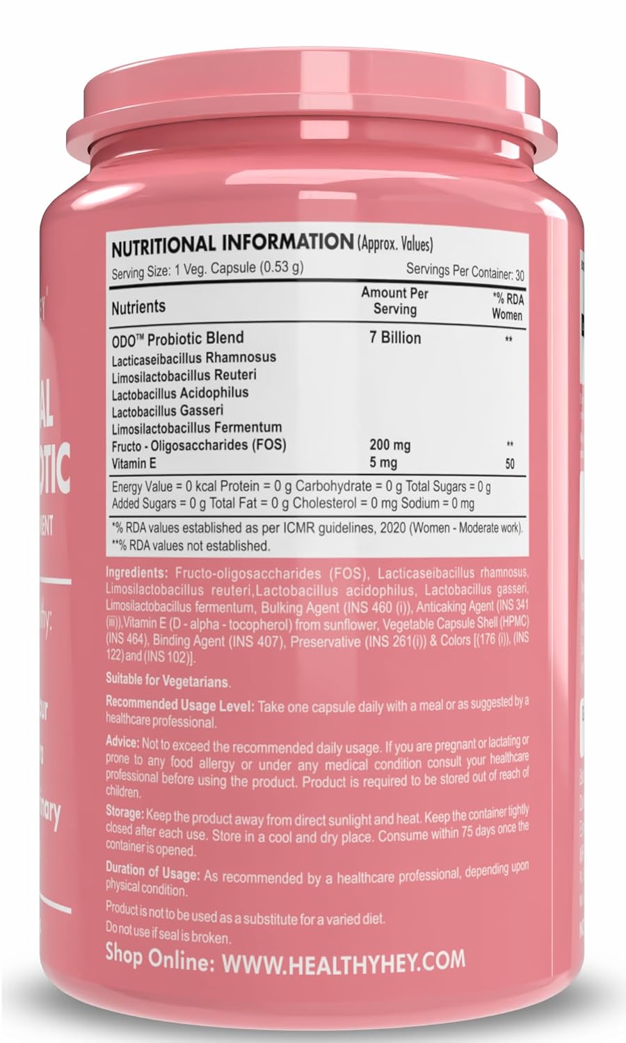 Pink supplement container with nutritional information on a white background