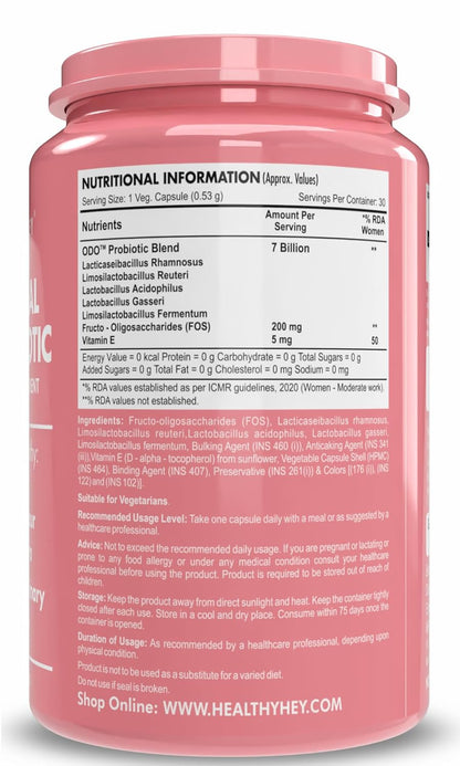 Pink supplement container with nutritional information on a white background