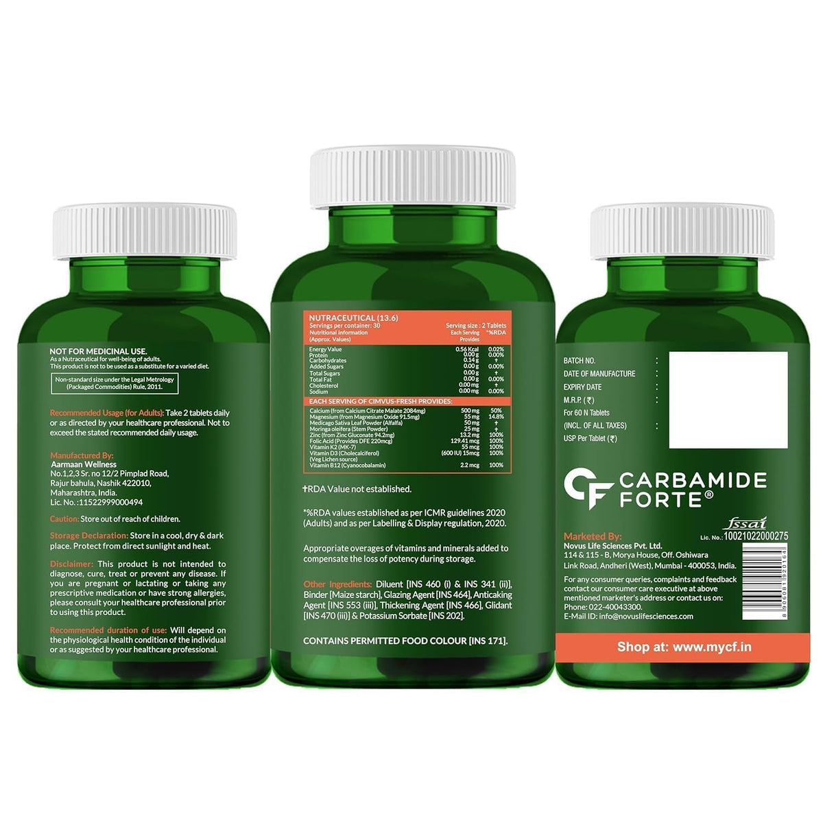 Carbamide Forte Calcium And Vitamin D3 Tablets | Calcium Tablet | Calcium Magnesium Zinc Supplement With Vitamin D3 + K2 MK7 To Support Bones health, Joints & Immunity - Veg 60 Tablets