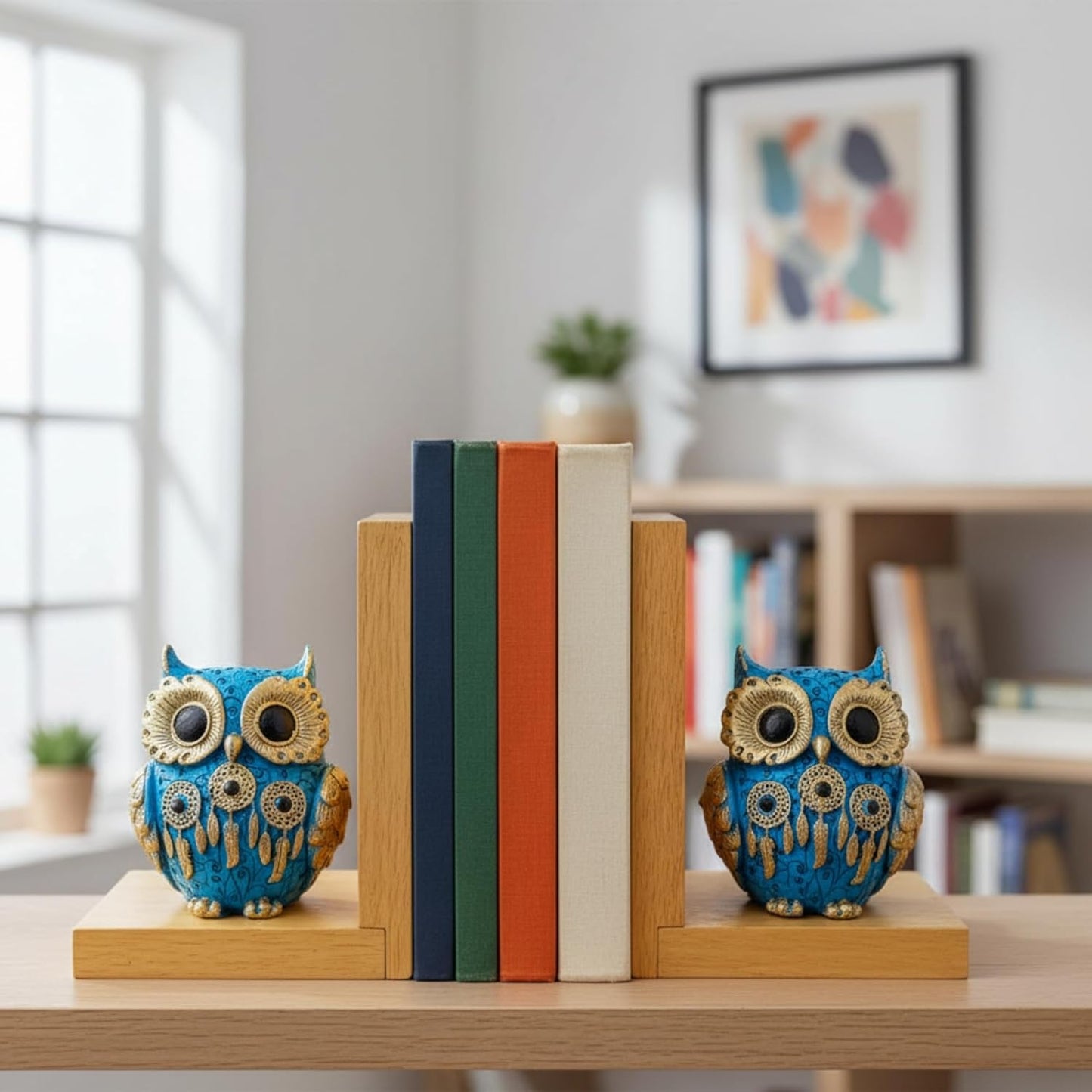 eCraftIndia Wooden Book End with Owl Statue for Good Luck Showpiece for Home Decor Office Table | Gift for Housewarming Birthday