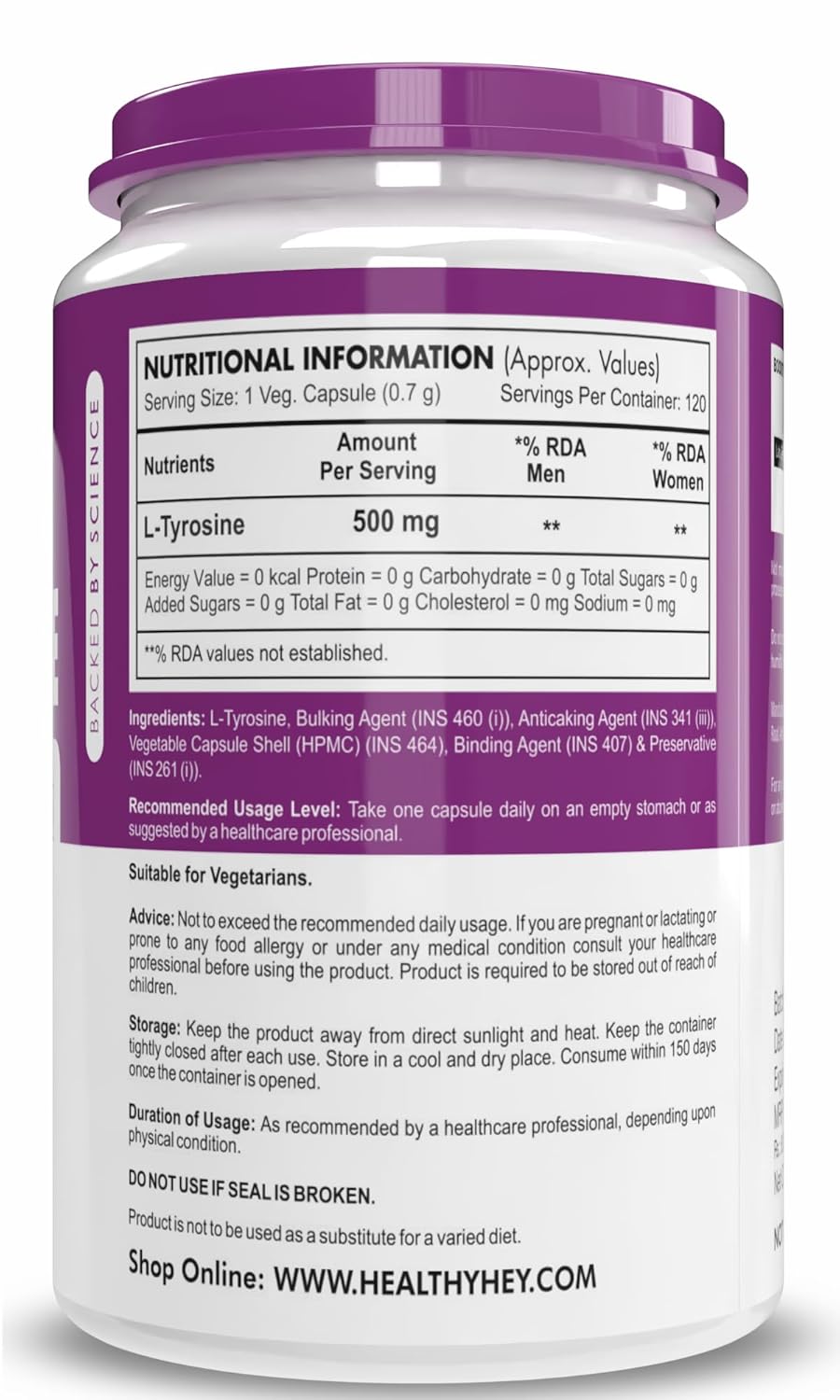 Nutritional information label on a supplement container with a purple label.