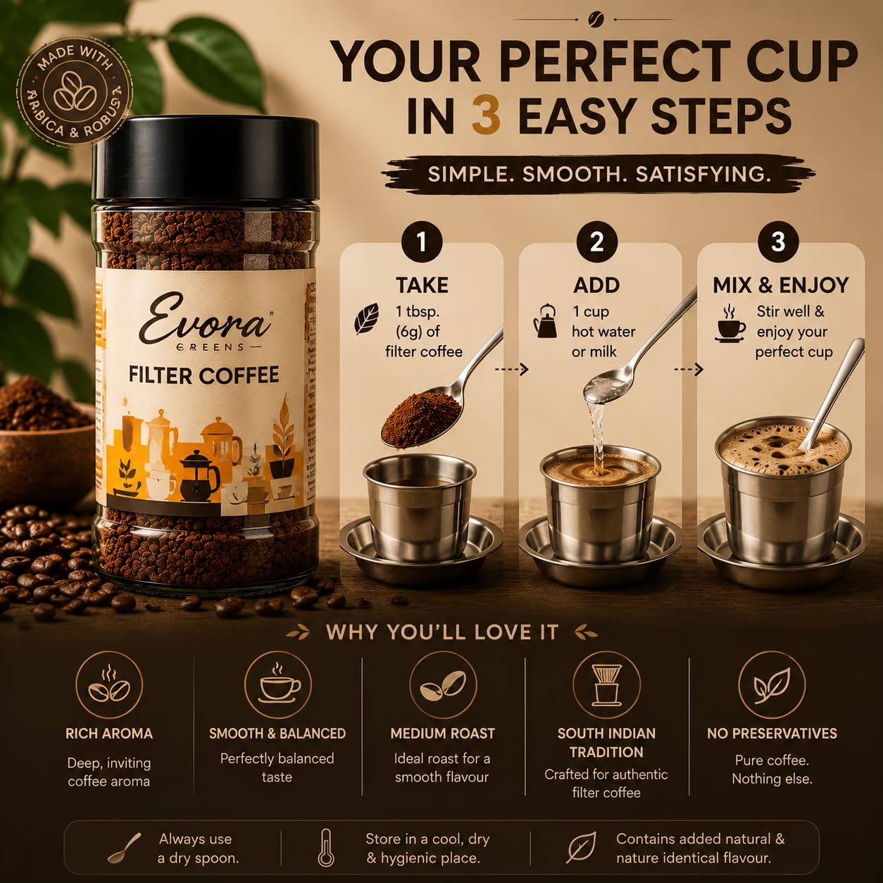 EVORA Greens Signature 100gm Filter Coffee Powder | Coffee with Arabica & Robusta Blend - Medium Roast | Make Café Style Hot or Cold Coffee, black Coffee, Cappuccino, Latte at Home | Make 50 Cups