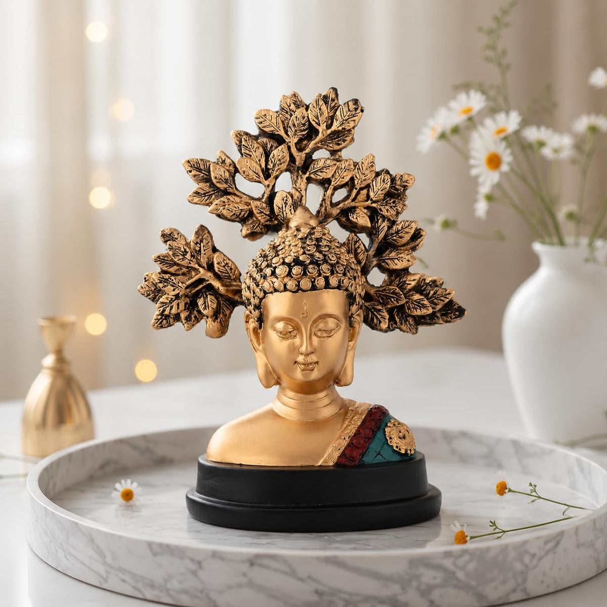 Handcrafted Buddha Showpiece with Tree|A Symbol of Peaceful Elegance (Pack of 1, Multi)