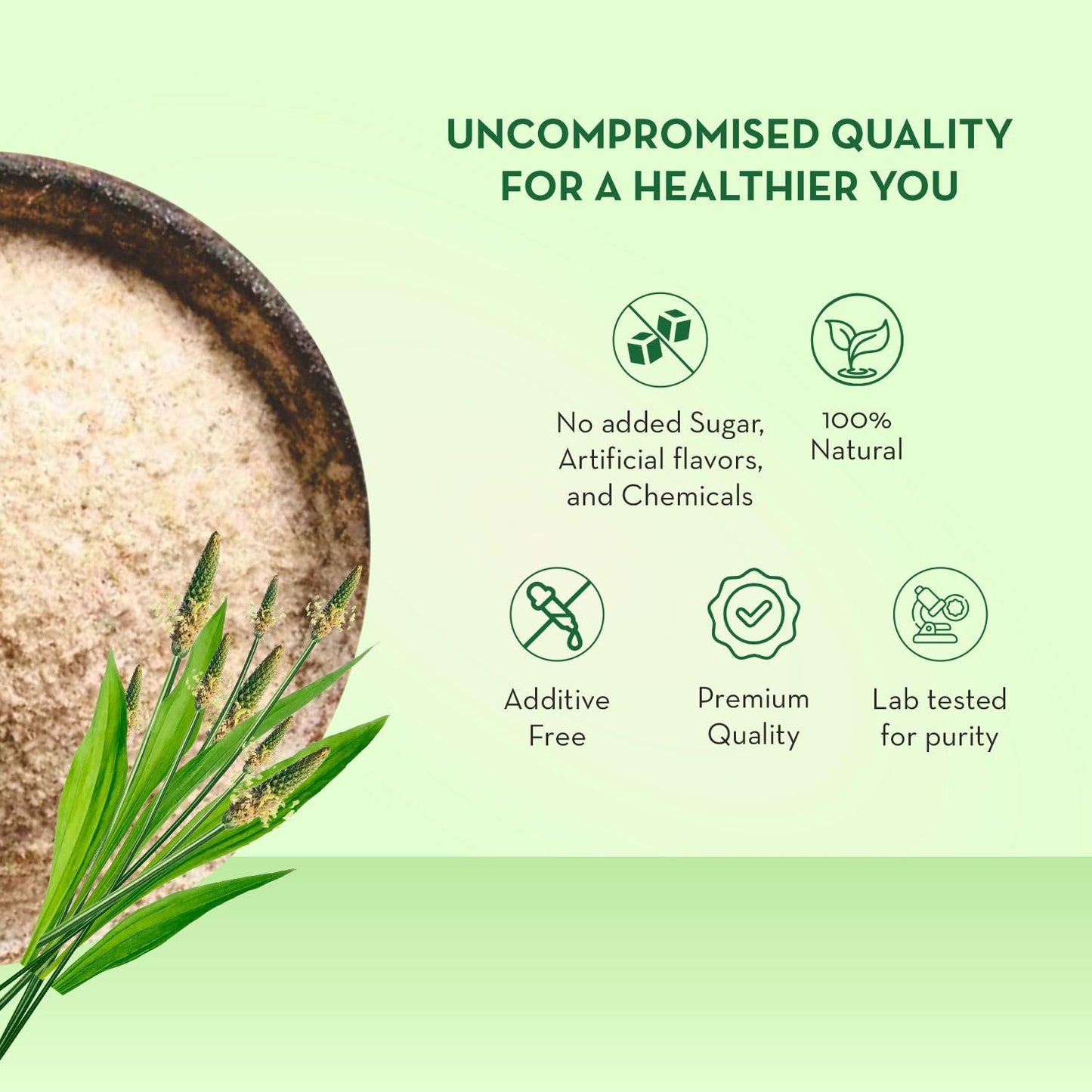 Product with green leaf on a light green background, featuring text about uncompromised quality.