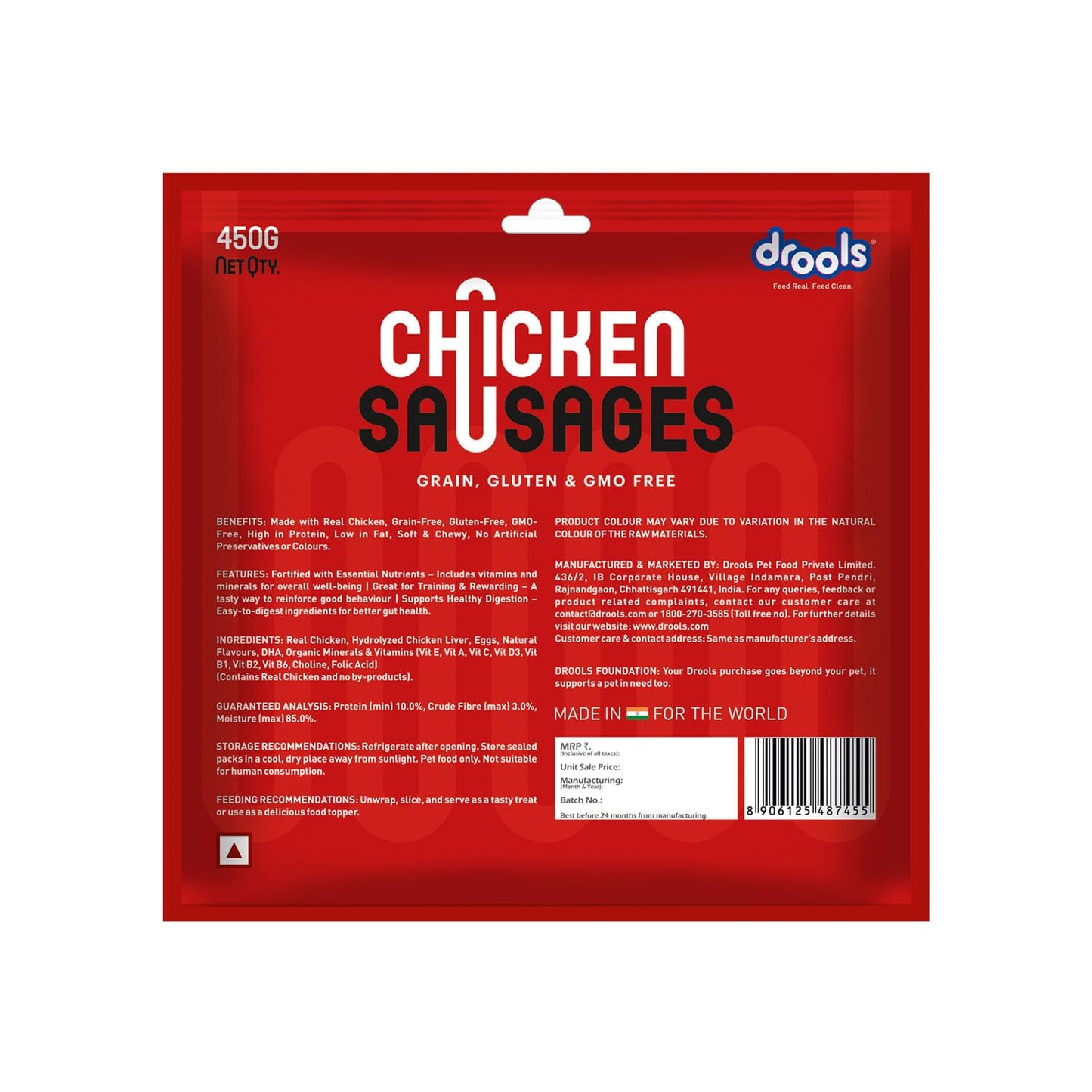 Drools Adult & Puppy Sausage for Dog, 450g | Chicken Flavour | High Protein | Treat & Food Topper | Grain Free | Best for Training & Bonding | No Preservatives