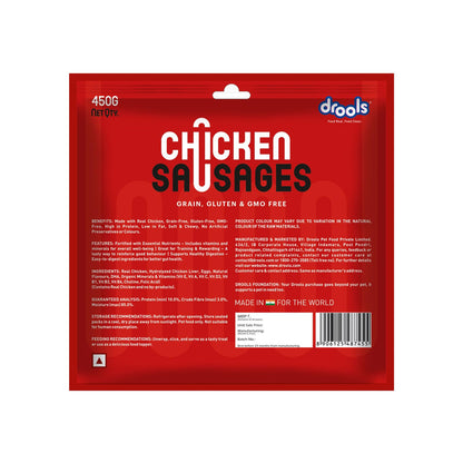 Drools Adult & Puppy Sausage for Dog, 450g | Chicken Flavour | High Protein | Treat & Food Topper | Grain Free | Best for Training & Bonding | No Preservatives