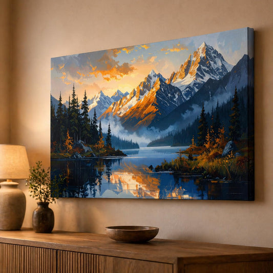 Luxury Artistic Snow Mountain Painting For Living Room Big Size | Nature Canvas Landscape Wall Art Painting For Bedroom, Office | Large Size Mountain Snow Peak With Lake Wall Art | Premium Home Decor (40 X 24 INCH, Unframed - LARGE)