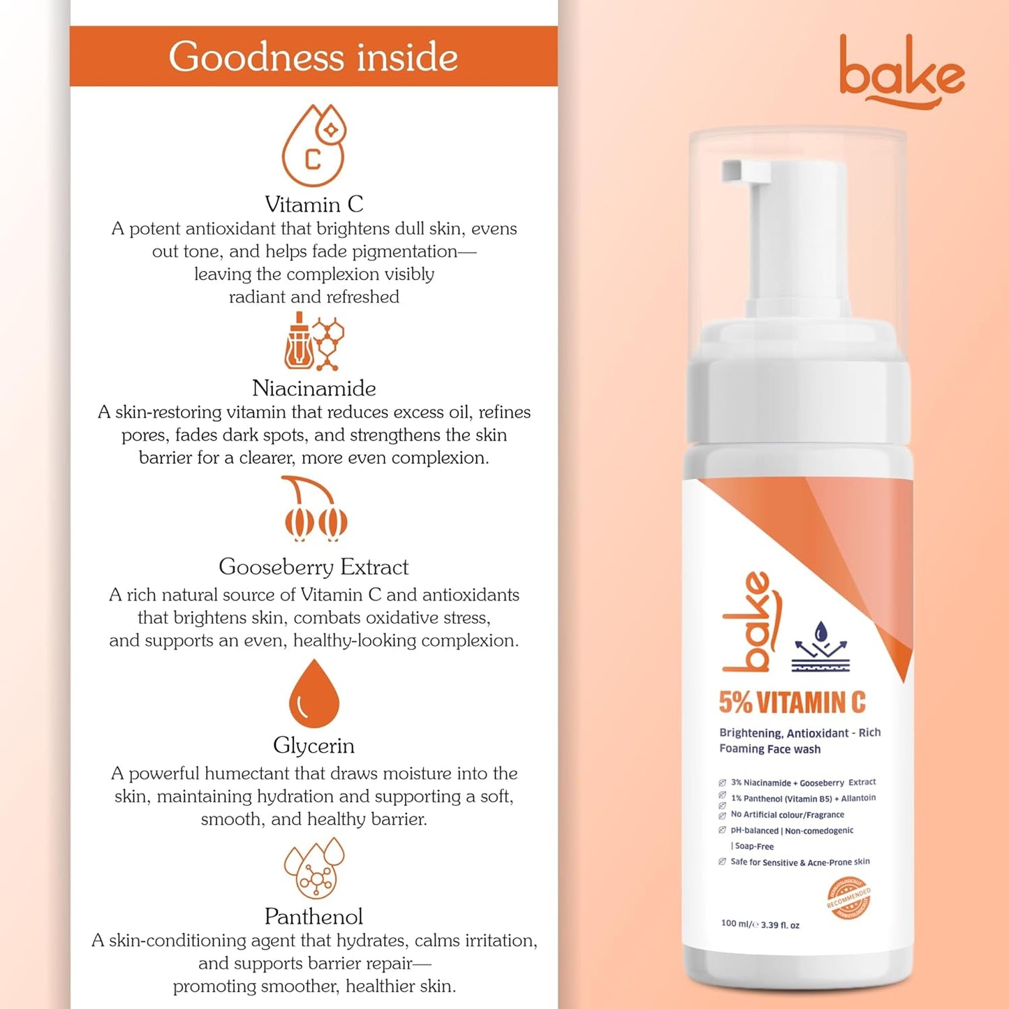 BAKE 5% Vitamin C Foaming Face Wash with Niacinamide | Brightening Face Wash for Pigmentation, Dark Spots & Uneven Skin Tone | Antioxidant Rich Cleanser for Dull, Normal to Oily Skin – 100ml