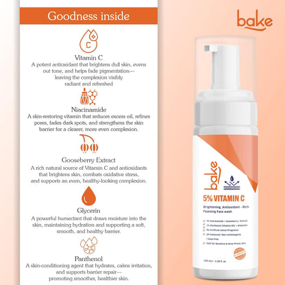 BAKE 5% Vitamin C Foaming Face Wash with Niacinamide | Brightening Face Wash for Pigmentation, Dark Spots & Uneven Skin Tone | Antioxidant Rich Cleanser for Dull, Normal to Oily Skin – 100ml