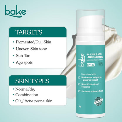BAKE 6% Glycolic Acid Cream with Niacinamide for Pigmentation, Dark Spots & Tan Removal | Daily Brightening Cream | Improves Uneven Skin Tone & Reduces Sun Damage | For Men & Women | 30g