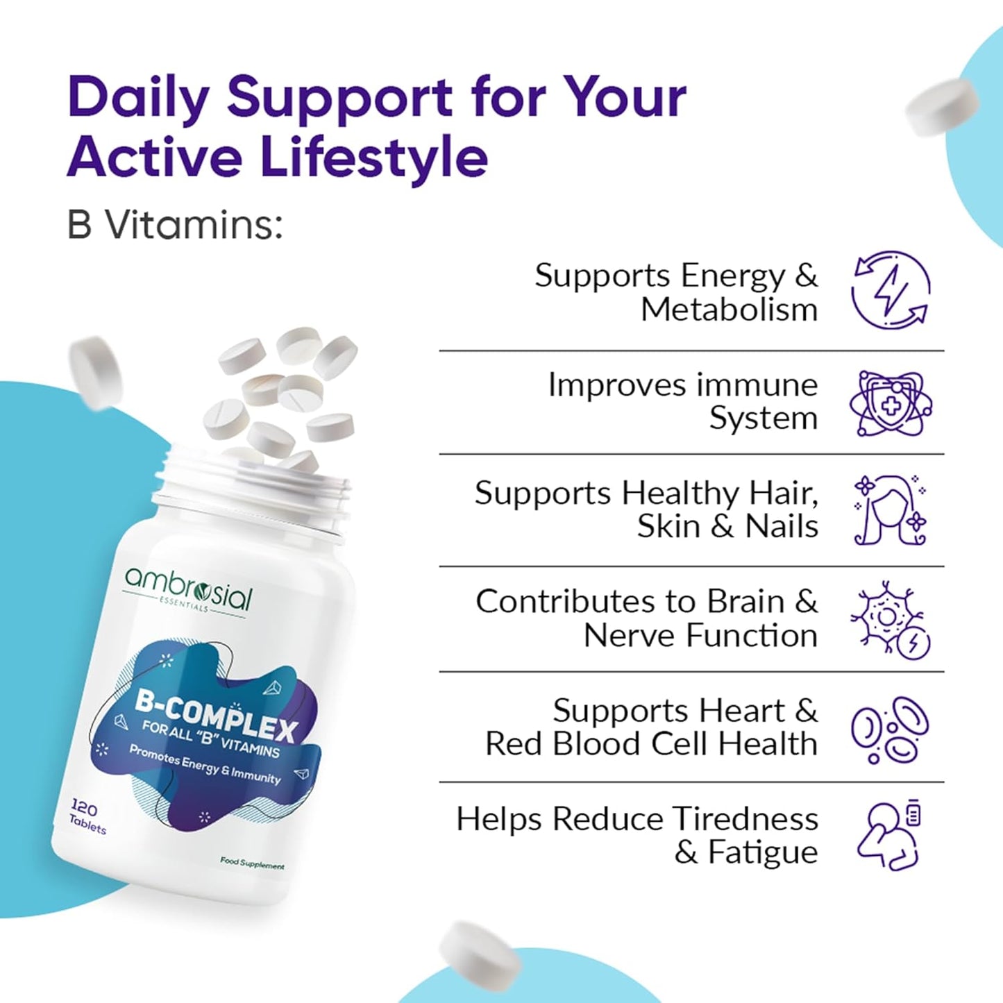 B-complex vitamins bottle with benefits listed on a white background