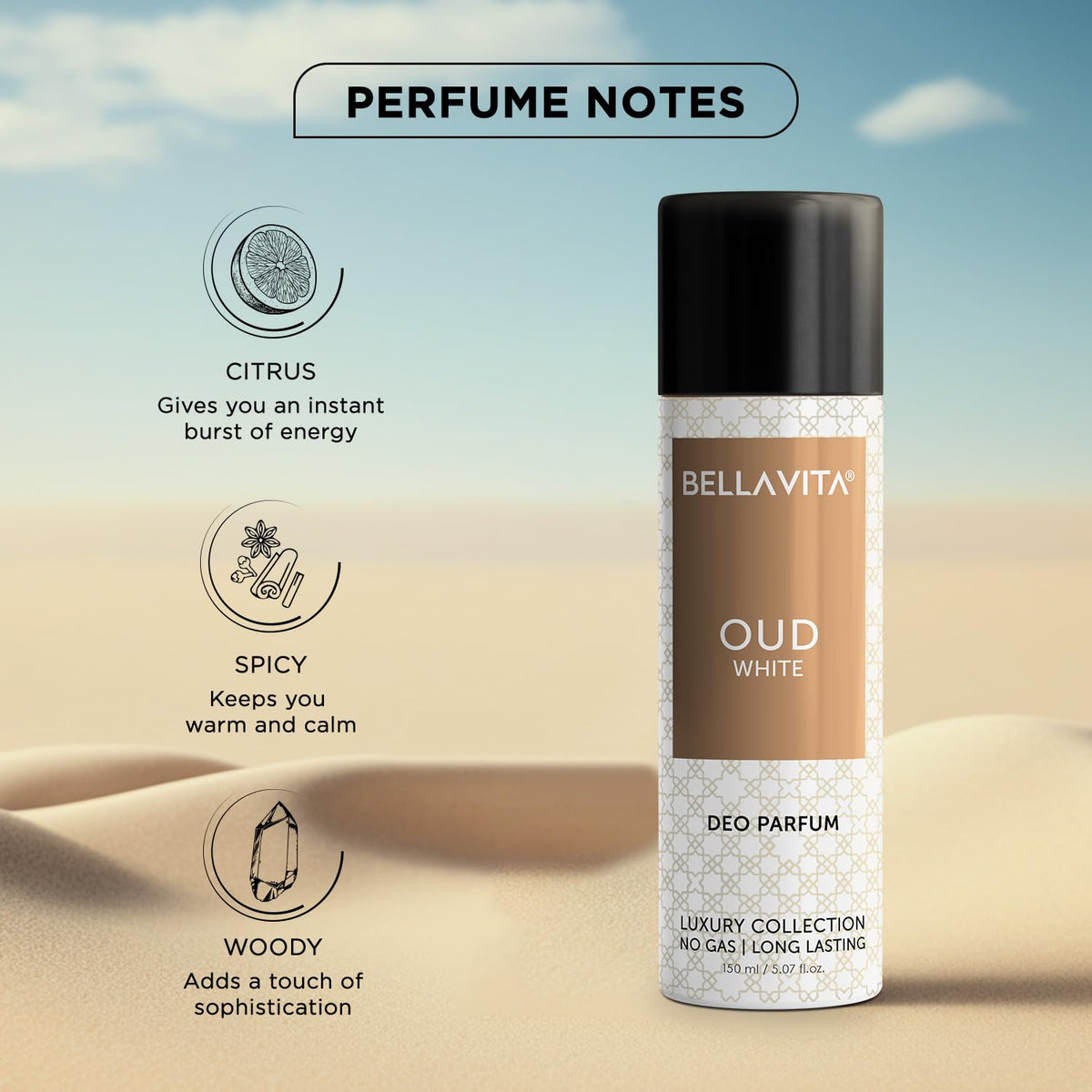 Bellavita Oud White deodorant spray with desert background