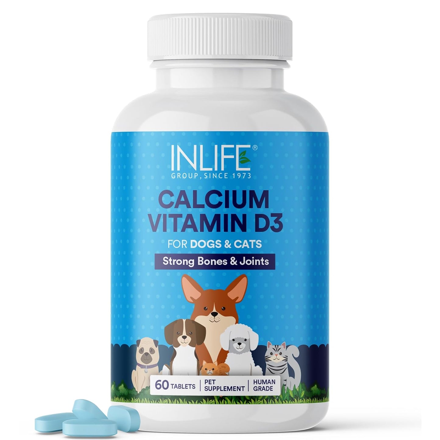 INLIFE Calcium Tablets for Dogs Cats and Pets with Vitamin D3 | Calcium Carbonate Supplement for Bone and Joint Support - 60 Tablets