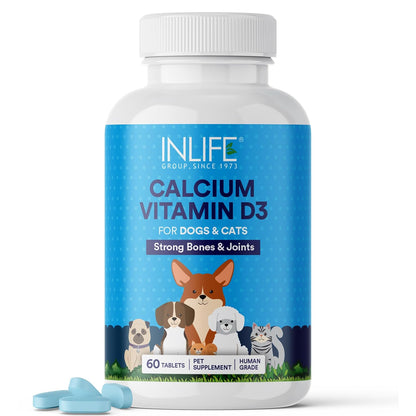 INLIFE Calcium Tablets for Dogs Cats and Pets with Vitamin D3 | Calcium Carbonate Supplement for Bone and Joint Support - 60 Tablets