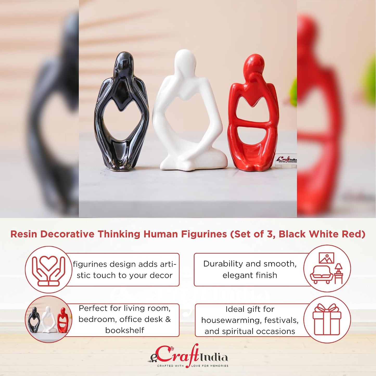 eCraftIndia Resin Decorative Thinking Human Figurines Statues Showpieces (Set of 3, Black White Red)| Home Decor Items for Living Room Bedroom Hall Office Desk Bookshelf Table| Gifts for Birthday