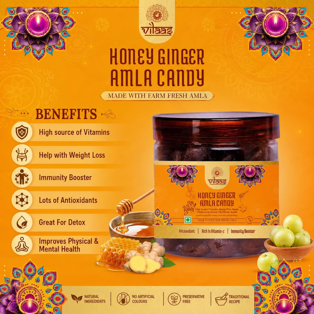 Vilaas Dried Honey Ginger Amla Candy | Low Processed And Sugar Free Amla, For Weight Loss And Immunity Booster | All Natural Ingredients