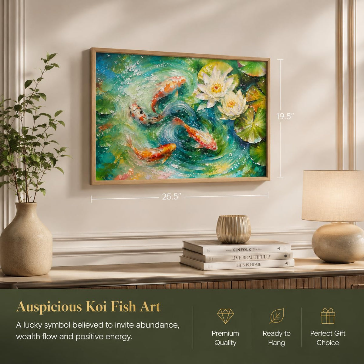 Koi Fish Lotus Pond Vastu Wall Painting for Living Room Bedroom Hall Office Decor, Water Lily Nature Artwork, Premium Wooden Synthetic Frame (13.5 x 19.5 Inch) NM01-V-178