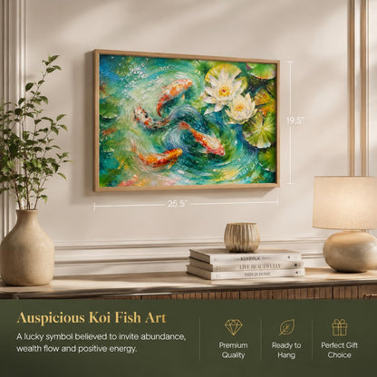 Koi Fish Lotus Pond Vastu Wall Painting for Living Room Bedroom Hall Office Decor, Water Lily Nature Artwork, Premium Wooden Synthetic Frame (13.5 x 19.5 Inch) NM01-V-178
