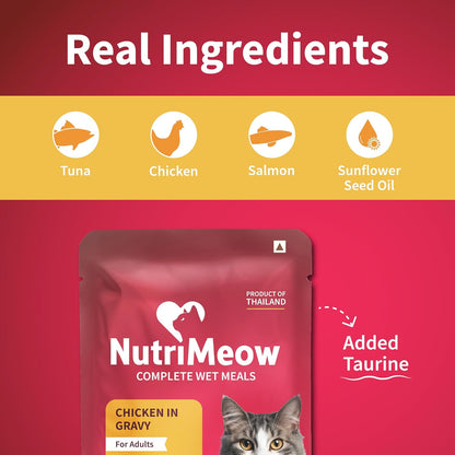 NutriMeow Chicken in Gravy Wet Cat Food for Adult Cats - 80 gm | Rich in Protein | Healthy, Nutritious & Delicious Cat Pouch | Complete Meal for Cats | Supports Active & Healthy Lifestyle