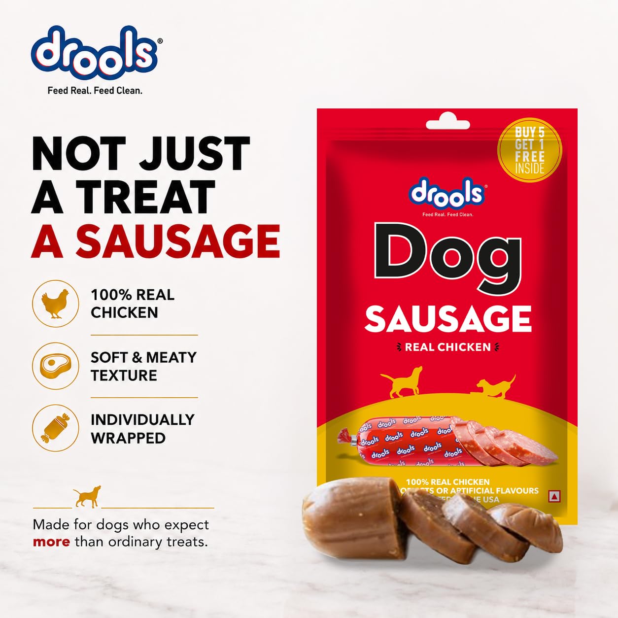 Drools Puppy & Adult Dog Sausage 360g (5+1 Free) | Chicken Flavour | Supports Brain & Vision Development | Promotes Muscle Growth | Aids Digestion & Overall Wellness