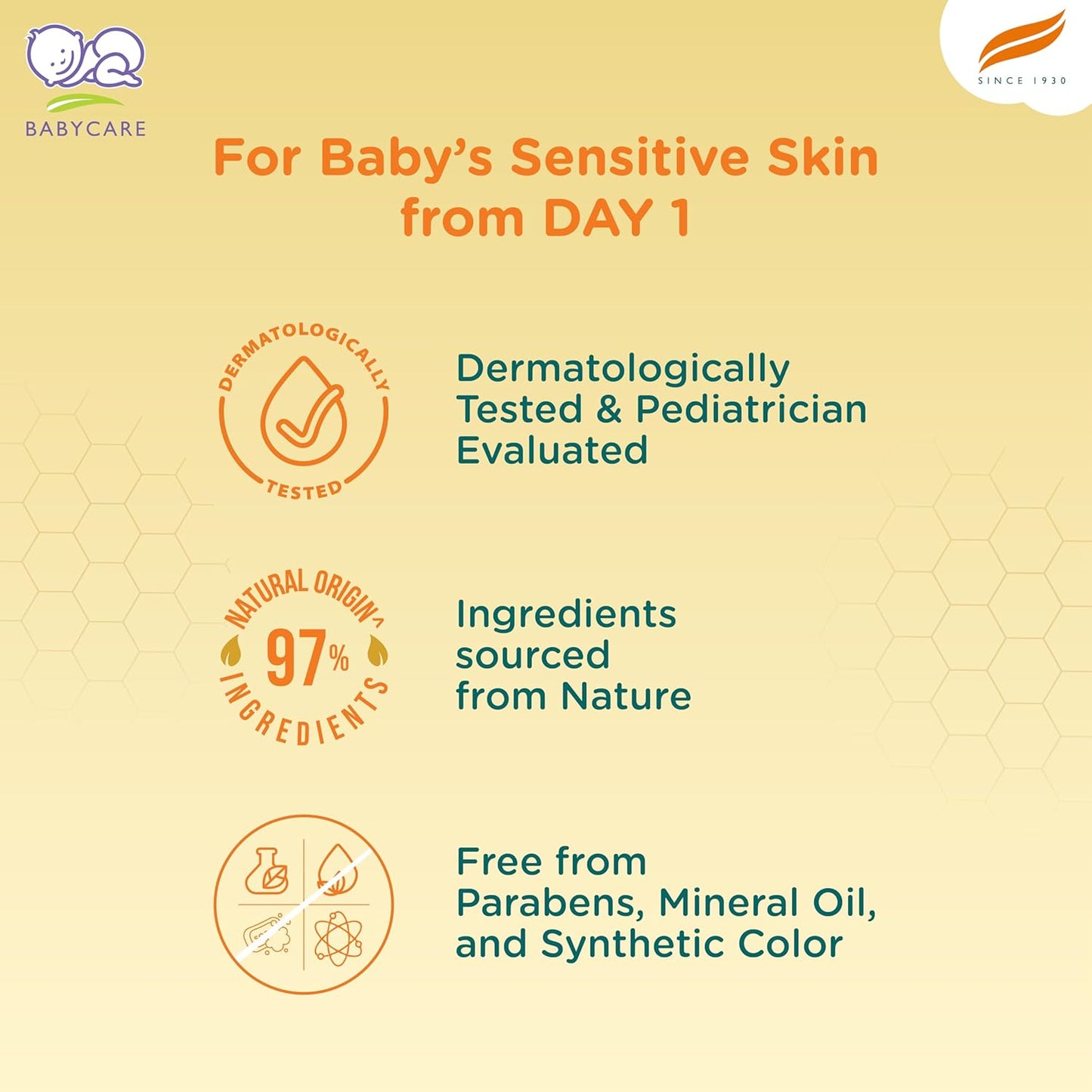 Product packaging for baby skincare with text about dermatological testing, natural ingredients, and safety features.