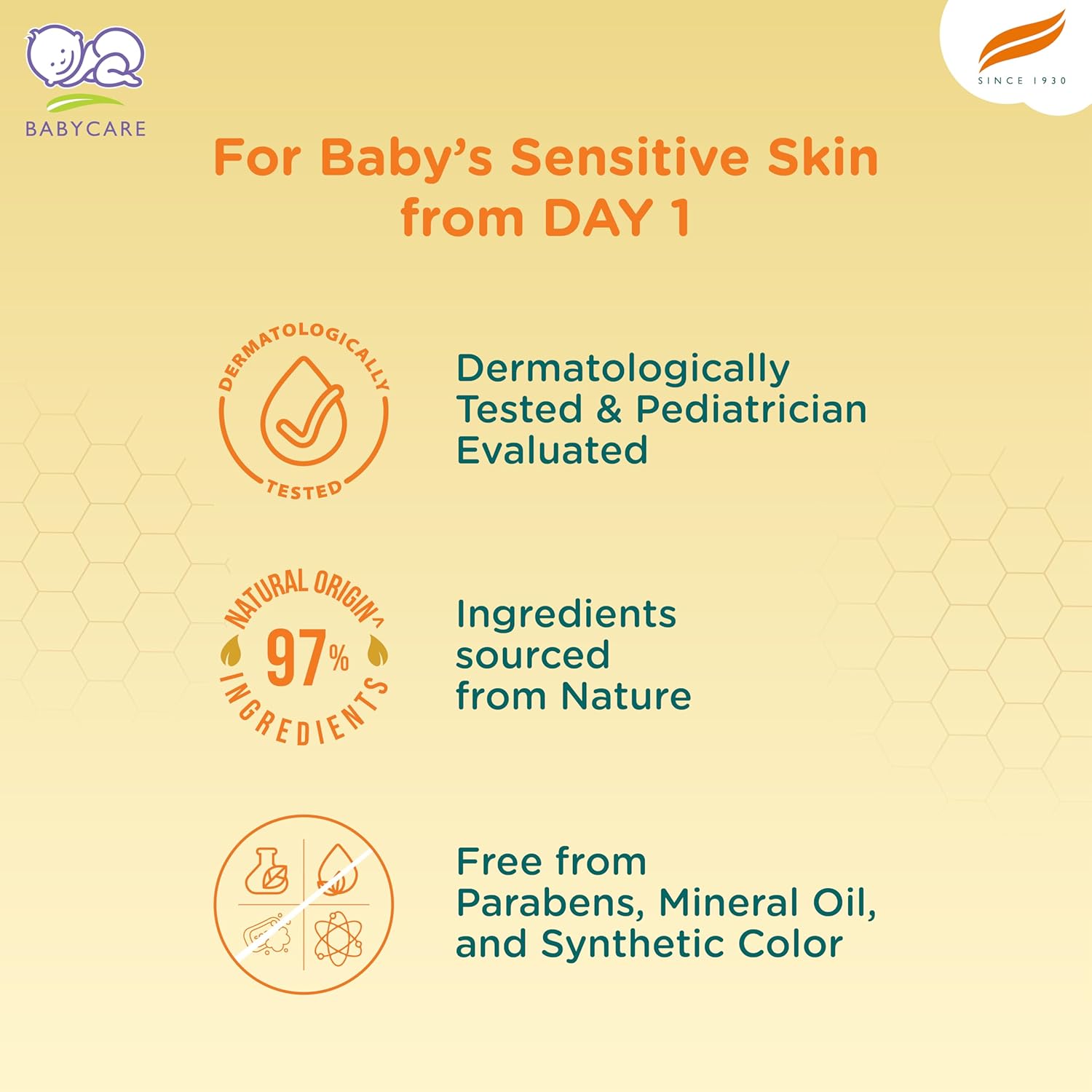 Product packaging for baby skincare with text about dermatological testing, natural ingredients, and safety features.