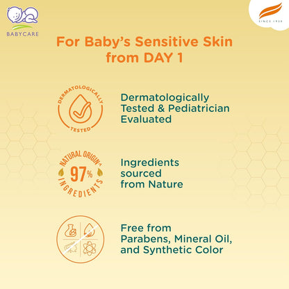 Product packaging for baby skincare with text about dermatological testing, natural ingredients, and safety features.