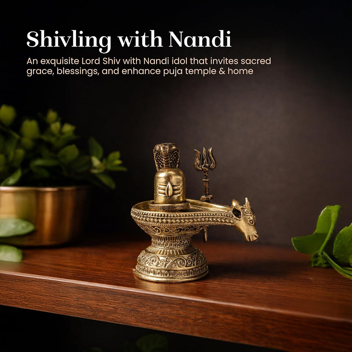 Brass Shivling with Nandi Face, Trishul & Nag | Shiva Idol for Pooja & Home Temple | Auspicious Brass Gift Item (Design09: L6 x W4 x H6 cm)