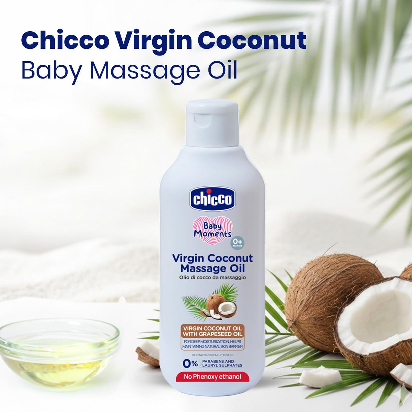 Chicco Baby Moments Virgin Coconut Massage Oil 200 ml | Deep Moisturization, Maintains Natural Skin Barrier | Dermatologically Tested | Paraben & Phenoxyethanol Free