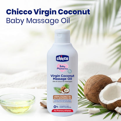 Chicco Baby Moments Virgin Coconut Massage Oil 200 ml | Deep Moisturization, Maintains Natural Skin Barrier | Dermatologically Tested | Paraben & Phenoxyethanol Free