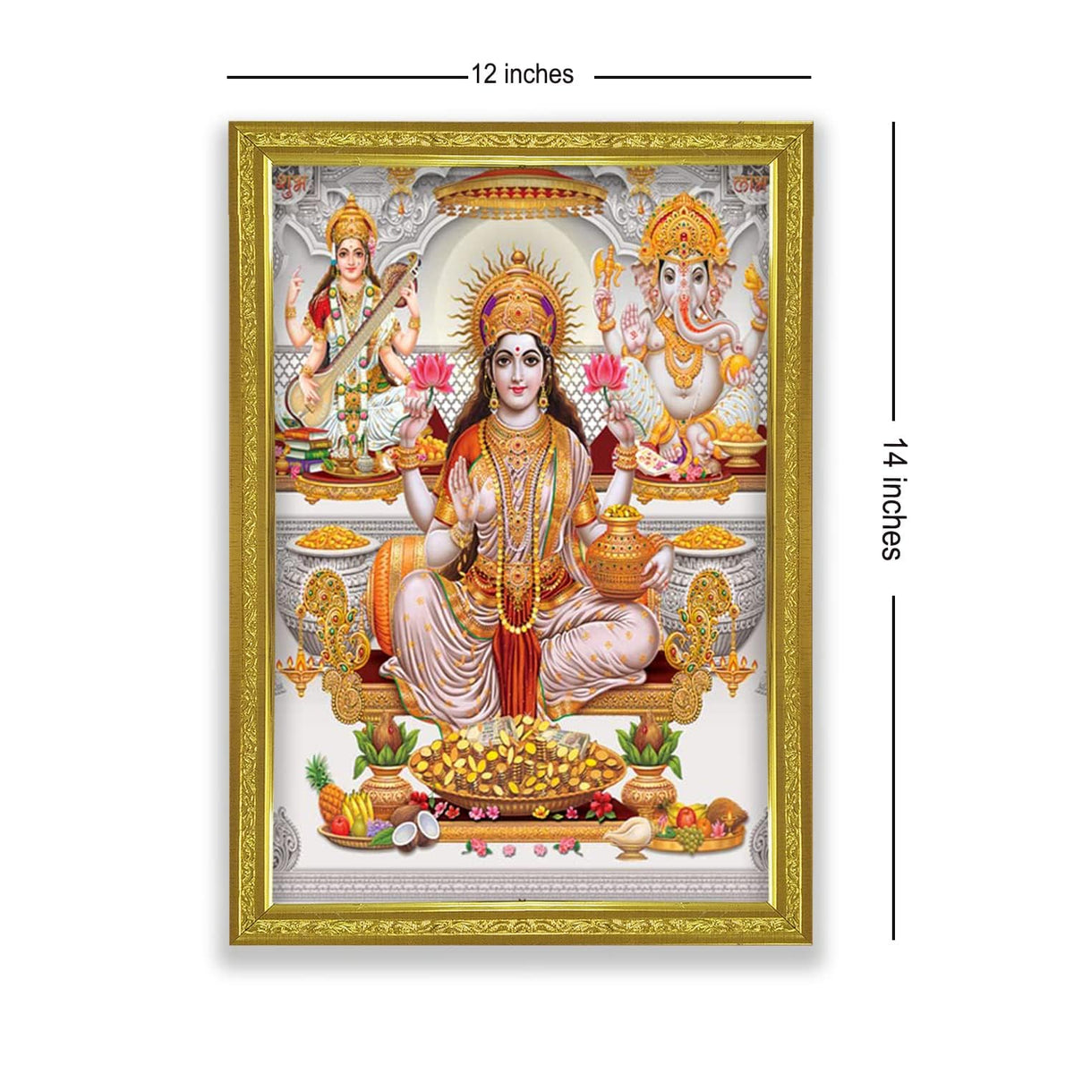 Lakshmi With Ganesha and Saraswati Photo Painting with Golden Frame for Temple - (14 x 12 Inches)