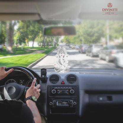 999 Silver Plated Resin Lord Ganesha Idol for Car Dashboard, Tabletop|Ganesh Statue for Good Luck and Success|Ganpati Murti for Home Decor Mandir, Office Desk Puja Gift White (8.4x4.2cm)