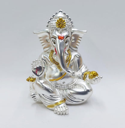 Gold Art India Matte Silver Plated Gaddi Ganesh Idol For Car Dashboard Small Ganesha Murti Ganpati Idol For Home Decor Puja Lord Ganesh Statue Gift For Office Desk Puja Room Figurine