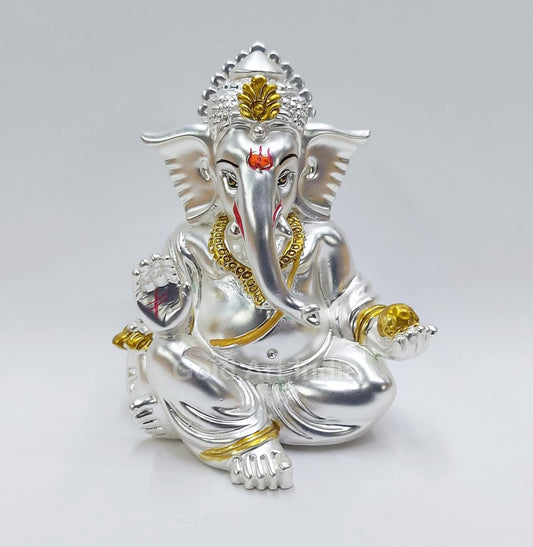 Gold Art India Matte Silver Plated Gaddi Ganesh Idol For Car Dashboard Small Ganesha Murti Ganpati Idol For Home Decor Puja Lord Ganesh Statue Gift For Office Desk Puja Room Figurine
