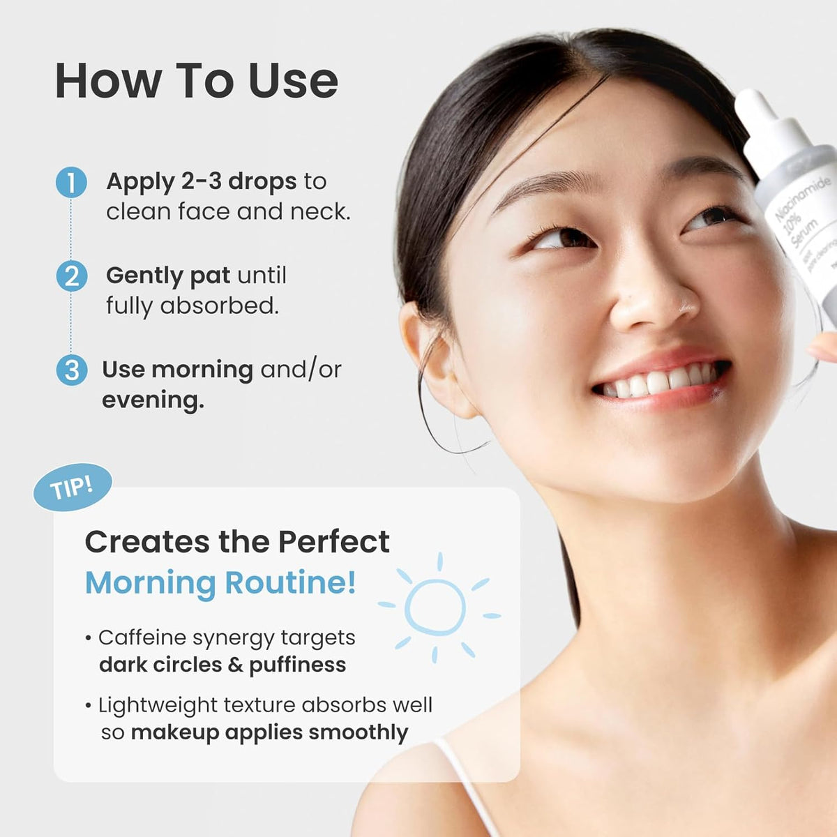 Woman applying skincare product with usage instructions on a light gray background