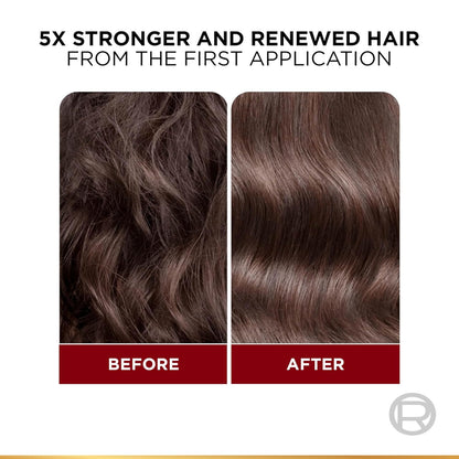 Before and after comparison of hair treatment showing 5x stronger and renewed hair.