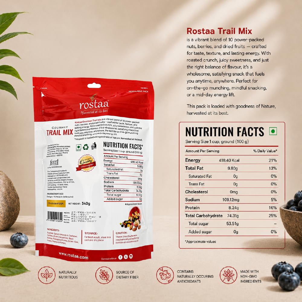 Rostaa Gourmet Trail Mix 340 g | Premium Nuts & Candied Fruits Blend | Colorful, Crunchy & Naturally Energizing Snack | Perfect for Anytime Munching (340 GM)