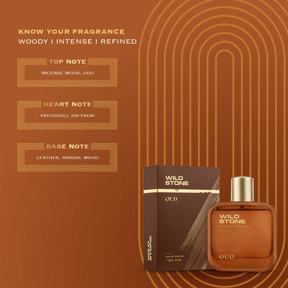 Wild Stone Oud perfume bottle and packaging on a brown background with fragrance notes.