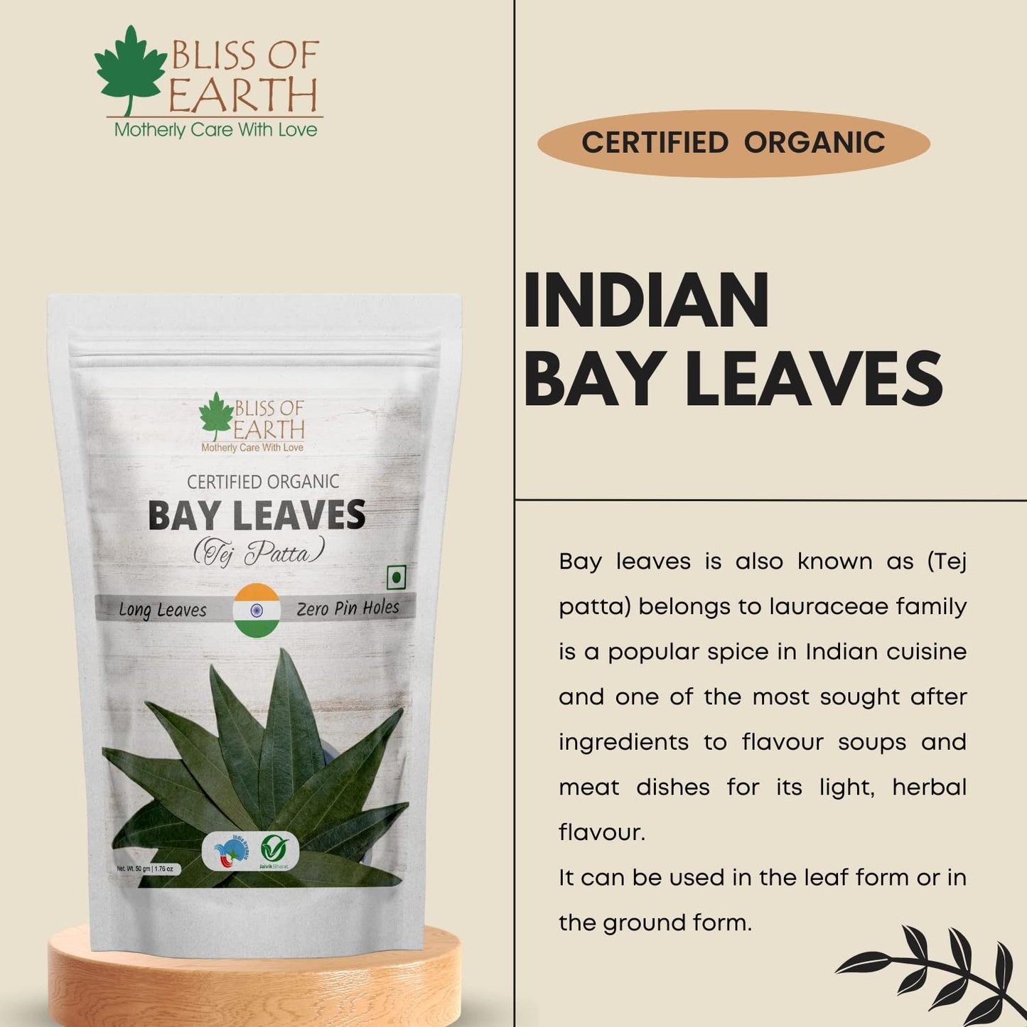 Bliss of Earth Certified Organic Indian Bay Leaves With Zero Pin Holes & Zero Dust, A1 Grade Tej Patta With Uniform Green Color, 50gm